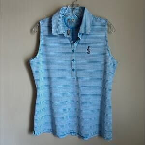 Under Armour Blue/White Striped Heat Gear Fitted Sleeveless Golf Polo Size Large